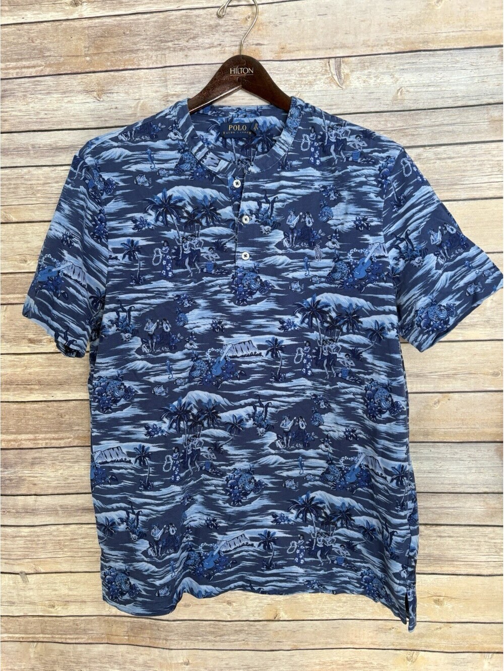 Polo Ralph Lauren Featherweight Mesh Henley Shirt Blue Hawaiian Luau Sz Large